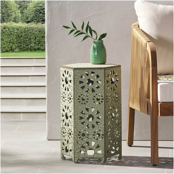 COSMOS Green Metal Side Table with Sunburst Design, 12 Inch Accent Table for Patio, Indoor Outdoor End Table with Open Shelf for Living Room, Garden, Balcony