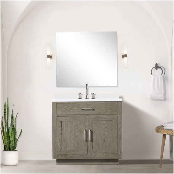 COSMOS Grey Oak Bathroom Vanity Set with White Quartz Countertop and Chrome Faucet