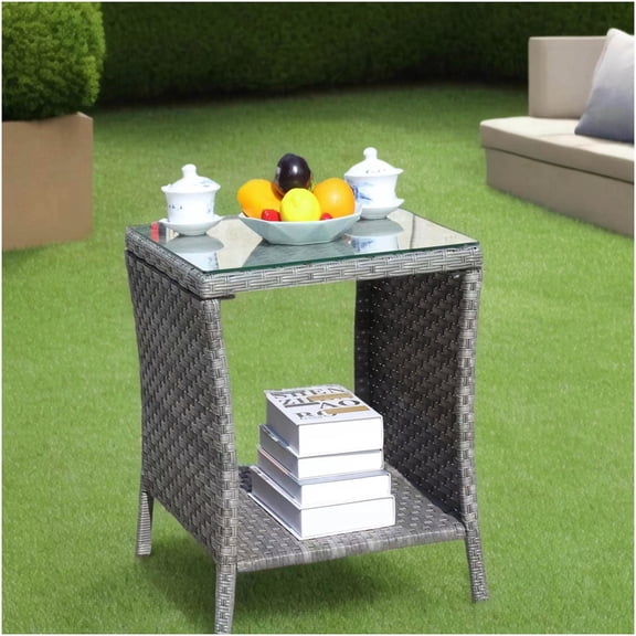 COSMOS Grey Rattan Outdoor Coffee Table with Clear Tempered Glass Top for Patio, Garden, or Poolside