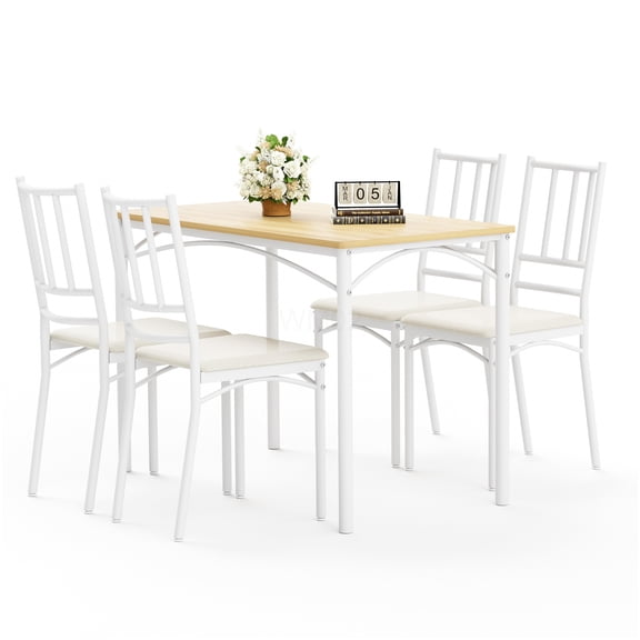 COSMOS Industrial Dining Table Set with 4 Benches, Natural White Kitchen Counter Height Table and Chairs for Small Space, Breakfast Nook, Bar, Living Room