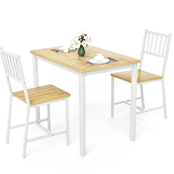COSMOS Industrial Dining Table Set with 2 Benches, 4-Person Kitchen Counter Height Table in White and Natural for Small Space