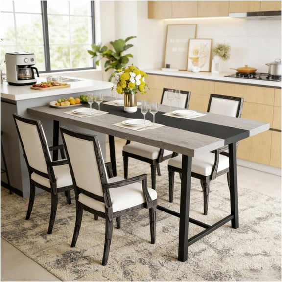 COSMOS Industrial Style Dining Table with Distressed Gray Top & Black Steel Frame, 8-Seater Large Kitchen Table for Home Office