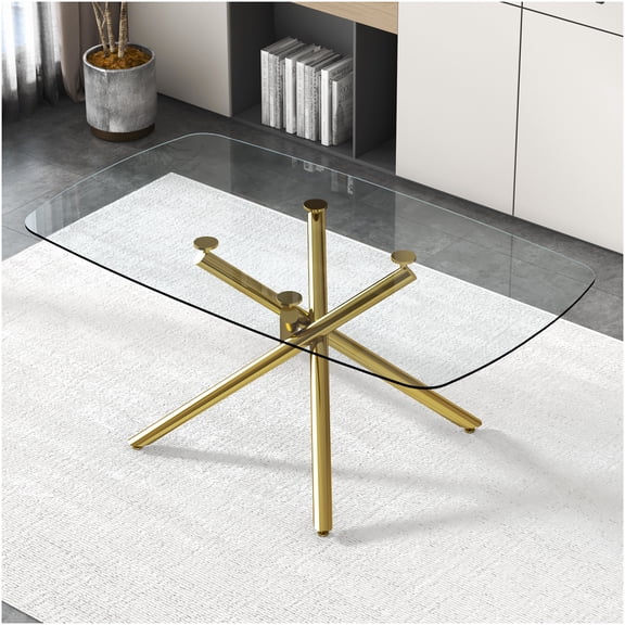 COSMOS Large Modern Glass Dining Table with Gilded Metal Legs, Rectangular Tempered Glass Top for Kitchen and Dining Room