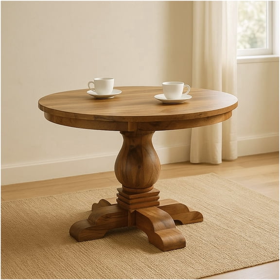 COSMOS Light Brown Solid Wood Round Dining Table for 2, Modern Pedestal Base, Warm Finish for Kitchen or Breakfast Nook