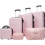 COSMOS Lightweight ABS Hardside Luggage 6-Piece Set in Pink, Spinner Wheel Suitcases with Combination Lock, Carry On &; Checked Baggage Set with Travel Organizers