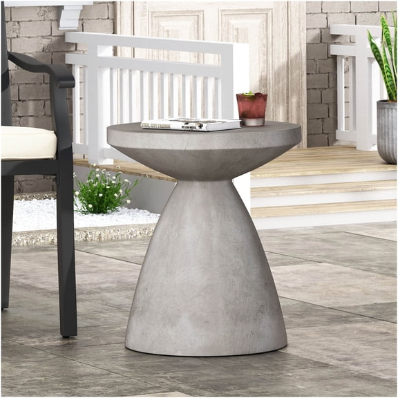 COSMOS Lightweight Concrete Outdoor Side Table, Natural Finish Patio End Table with Modern Pedestal Base