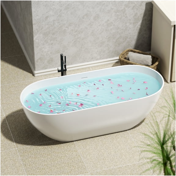 COSMOS Luxury Freestanding Soaking Bathtub, Oval Solid Surface Bathtub with Overflow Drain, Modern Matte White Acrylic Resin Tub for Spa Bathroom