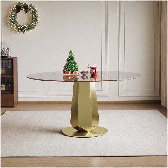 COSMOS Luxury Round Dining Table with Smoked Glass Top and Gold Metal Base, Modern Kitchen Table for 4-8 People, Easy Assembly Space Saving Breakfast Nook for Apartments