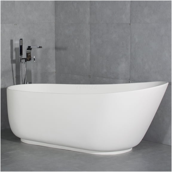 COSMOS Matte White 67" Freestanding Stone Resin Soaking Bathtub with Overflow, Oval Contemporary Design for Modern Bathroom