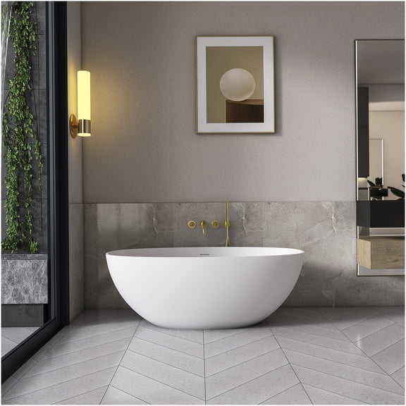 COSMOS Matte White Modern Freestanding Bathtub - 61" Stone Resin Soaking Tub for Small Bathrooms