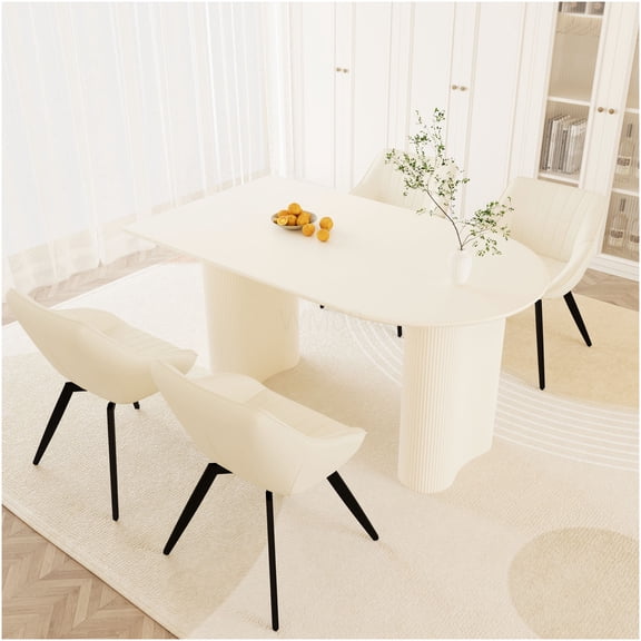COSMOS Medieval Modern Cream Dining Table and 4 Beige PU Chair Set with Black Metal Legs for Kitchen and Home