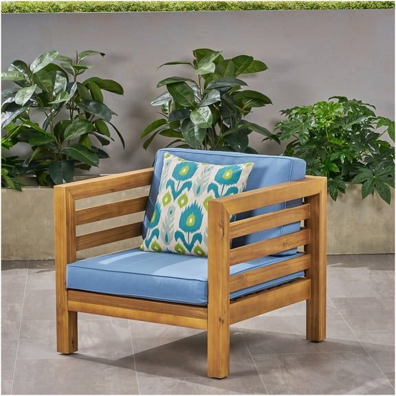COSMOS Mid-Century Modern Acacia Wood Club Chair, Pecan Finish with Blue Cushion for Patio