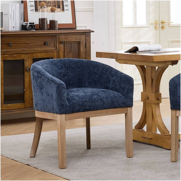 COSMOS Mid Century Modern Blue Barrel Dining Chair with Arms, Upholstered in Chenille Fabric for Kitchen, Dining Room, or Living Room Accent
