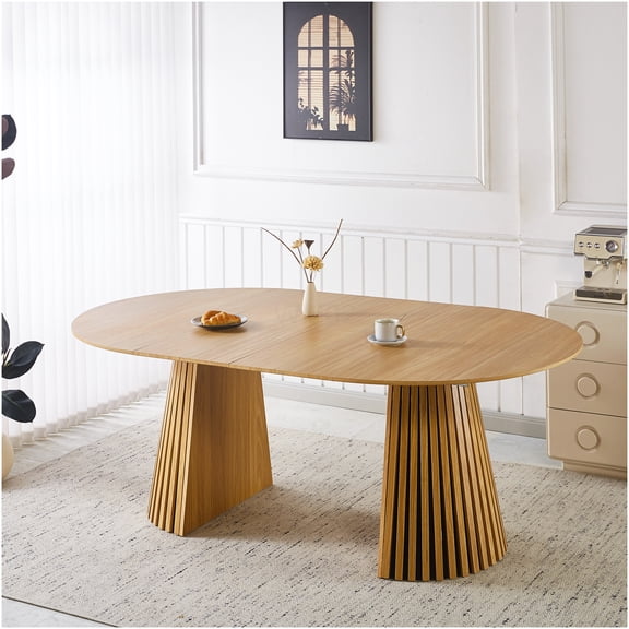 COSMOS Mid-Century Modern Expandable Dining Table for 6 to 10 People, Extendable Pedestal Table in Oak Finish