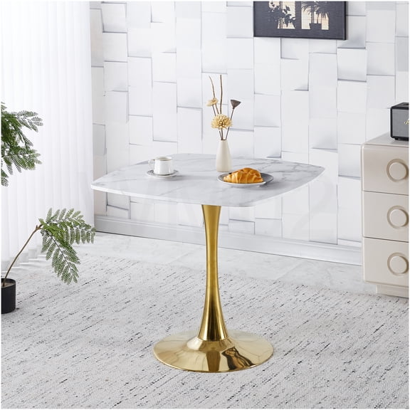 COSMOS Mid-Century Modern Tulip Dining Table for Small Spaces, 31.5 Inch Square White Top with Gold Pedestal Base, Kitchen Table for Apartments, Bistro, Cafe