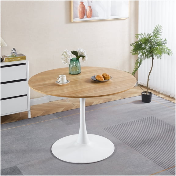 COSMOS Mid-Century Modern Tulip Dining Table for 4-6, Round Pedestal Table with Light Oak Finish Top and White Metal Base