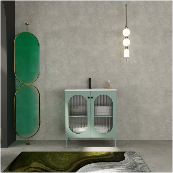 COSMOS Mint Green 30" Freestanding Bathroom Vanity with Ceramic Sink, Steel Storage Cabinet