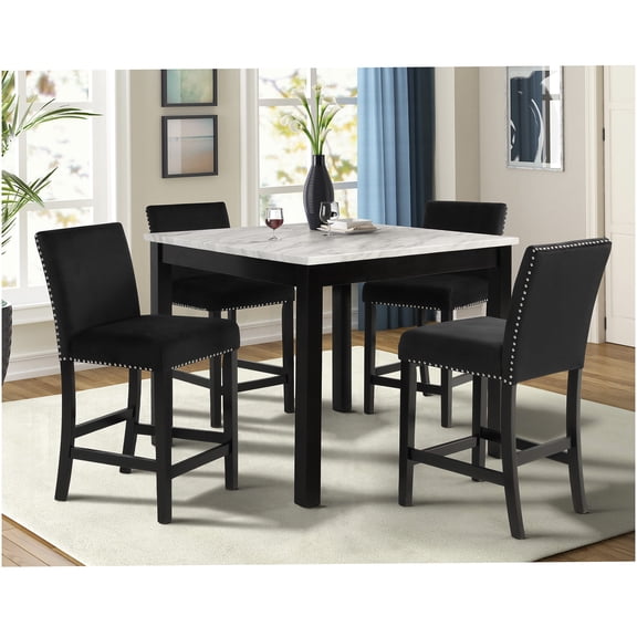 COSMOS Modern 4-Seater Counter Height Dining Set with White Faux Marble Table & Black Velvet Chairs