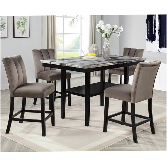 COSMOS Modern 5-Piece Counter Height Dining Set, Black/Brown Velvet Chairs with Marble-Look Table