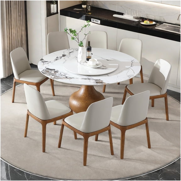 COSMOS Modern 59" Round Dining Table Set for 8 with Rotating Lazy Susan, White Faux Marble Sintered Stone Top and Wood Base