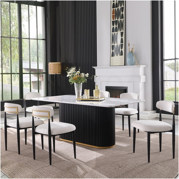 COSMOS Modern 6-Person Dining Table Set with Faux Marble Top and Gold Wave Base, Chenille Upholstered Chairs for Kitchen Dining Room