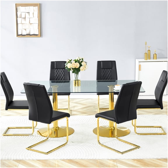Contemporary Dining Room Set: 71" Tempered Glass Table & 6 Black PU Leather Chairs, Gold Metal Legs, Modern Kitchen Furniture Ensemble