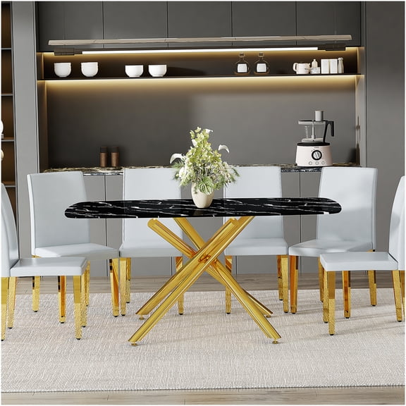 COSMOS Modern 6-Piece Dining Set with Black Marble Glass Table & Gray PU Chairs, Gold Fork Legs