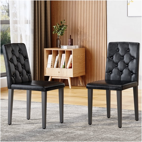 COSMOS Modern Black PU Dining Chairs Set of 2, Ergonomic Strap Back Restaurant Chairs, Upholstered Side Chairs with Metal Legs for Dining Room, Kitchen, Cafe