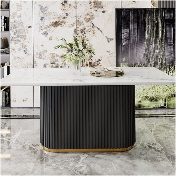 COSMOS Modern Black and Gold Dining Table with Faux Marble Top, Wave Metal Base, Seating for 6, Rectangular Kitchen Table