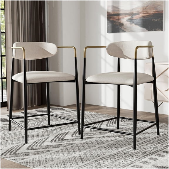 COSMOS Modern Counter Height Dining Chairs Set of 2, Gold Curved Arms with Black & White Finish, Kitchen Bar Stools