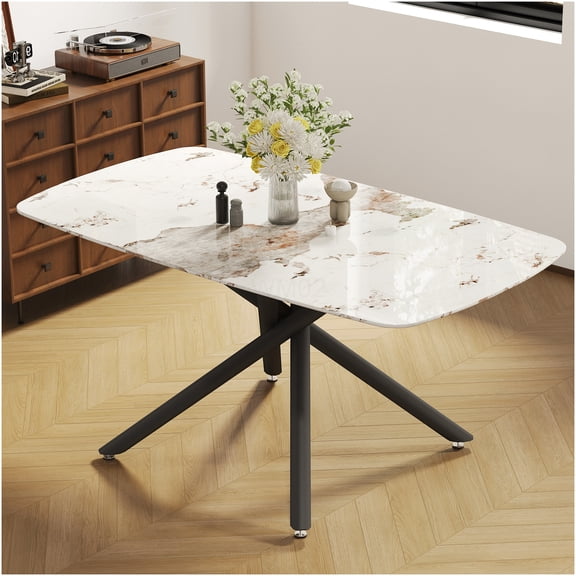 COSMOS Modern Dining Table with Marble Pattern Glass Top and Black Metal Leg, Fork Design Base for Kitchen Dining Room
