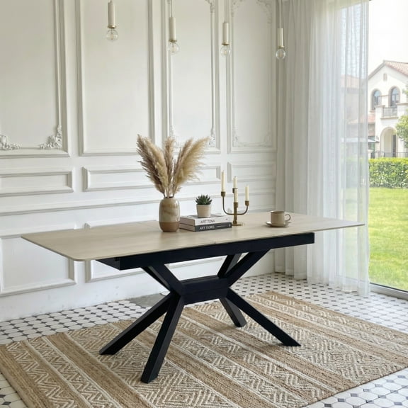 COSMOS Modern Expandable Dining Table with Scratch-Resistant Sintered Stone Top & X-Base, Extendable Rectangular Table for Kitchen, Dining Room, Office