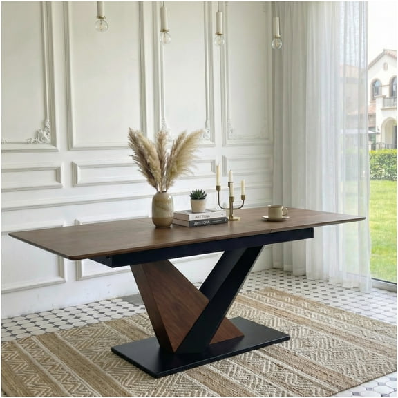 COSMOS Modern Extendable Dining Table with Geometric Cross Metal Legs, Dark Walnut Wood Veneer Top, Scratch-Resistant, for Kitchen Dining Room
