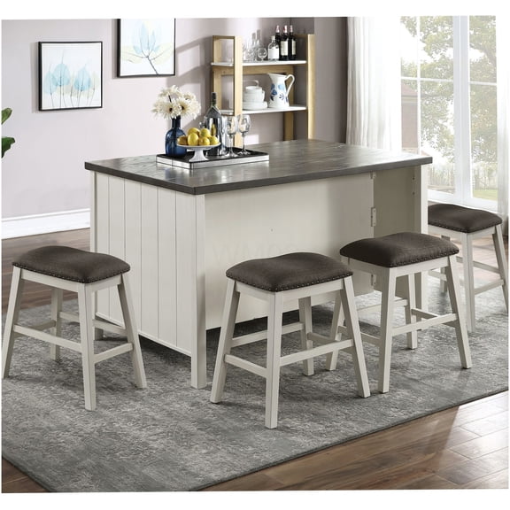 COSMOS Modern Farmhouse 5-Piece Counter Height Dining Set with Storage, Off White Solid Wood Table and 4 Gray Fabric Stools