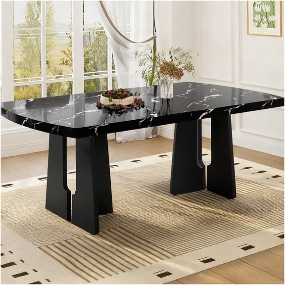 COSMOS Modern Faux Marble Dining Table 63 Inch, Black Geometric Legs Kitchen Table, Easy Assembly for Dining Room, Office, Apartment