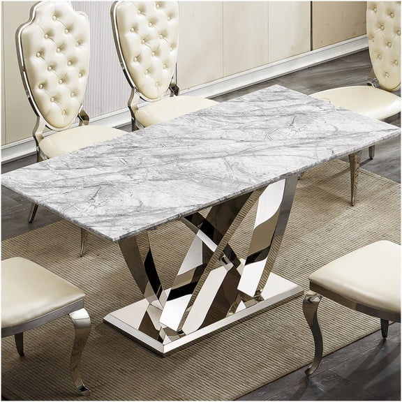 COSMOS Modern Faux Marble Dining Table with Stainless Steel Base, 70 Inch Rectangle Kitchen Table for 6-8 Seats, Silver Grey Contemporary Dining Room Table