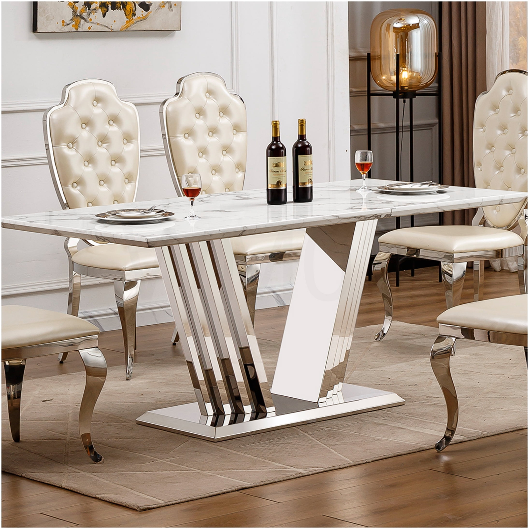 COSMOS Modern Faux Marble Dining Table for 6 with Stainless Steel Base ...