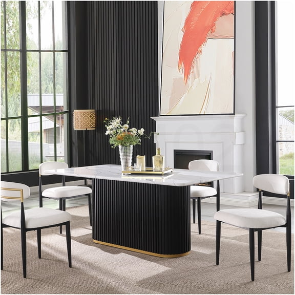 COSMOS Modern Faux Marble Dining Table with Black Wave Metal Base & Gold Trim, Rectangular Kitchen Table Seats 4, Elegant Dining Room Table