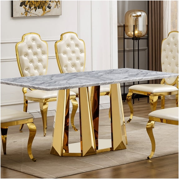 COSMOS Modern Faux Marble Dining Table with Stainless Steel Base, Large Rectangular Kitchen Dining Room Table for 6 Seats, Gold and Gray Finish