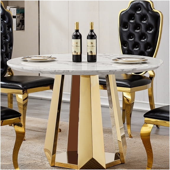 COSMOS Modern Gold and White Round Dining Table with Stainless Steel Base and High Gloss Marble Tabletop