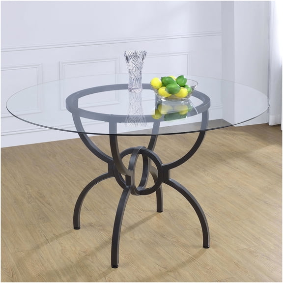 COSMOS Modern Gunmetal Round Dining Table with Tempered Glass Top, 48 Inch Round Table for 4, Sculptural Metal Base, Transitional Design Dining Room Table