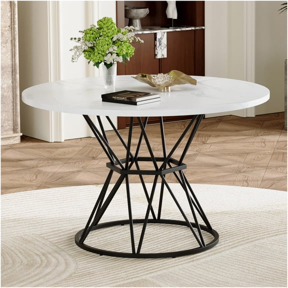 COSMOS Modern Industrial Dining Table for 4-6, White Marble Pattern MDF Top with Black Metal Base, Round Kitchen Table