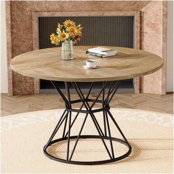 COSMOS Modern Industrial Round Dining Table for 4-6, Light Wood Grain & Black Metal, Space Saving Kitchen Table
