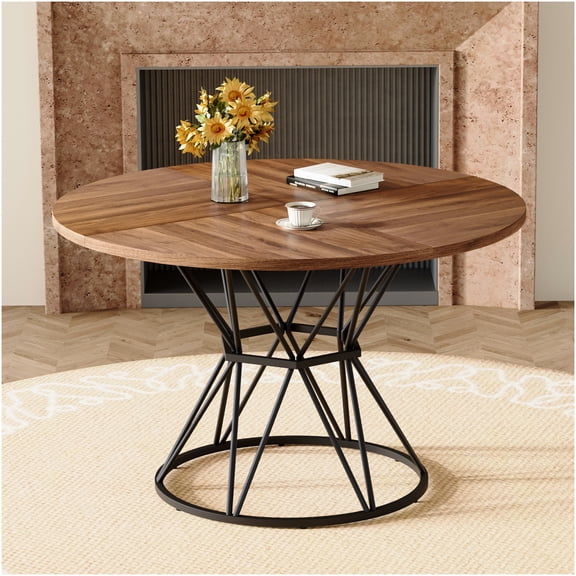 COSMOS Modern Industrial Round Dining Table for 4-6 People, Walnut Wood Grain Top with Black Metal Base
