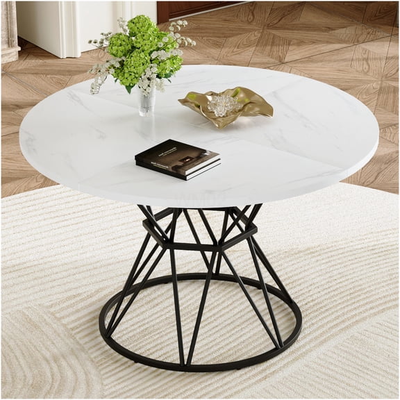 COSMOS Modern Industrial Round Dining Table for 4-6, White Marble Pattern Top with Black Metal Base