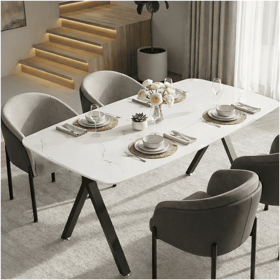 COSMOS Modern Marble Pattern Rectangular Dining Table with Tempered Glass Top and Black Metal Legs for Restaurant & Home