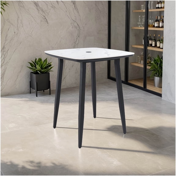 COSMOS Modern Outdoor Bar Table with Marble-Inspired Top, 35.4 Inch Square Height Bistro Table with Umbrella Hole, Rust-Free Aluminum Frame, All-Weather Patio Furniture for Garden, Poolside, Deck