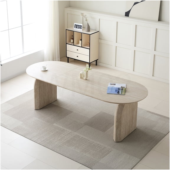 COSMOS Modern Oval Extendable Dining Table with Dual Pillar Legs, Off White MDF Kitchen Table for 8, Space Saving Expandable Design for Dining Room & Living Room