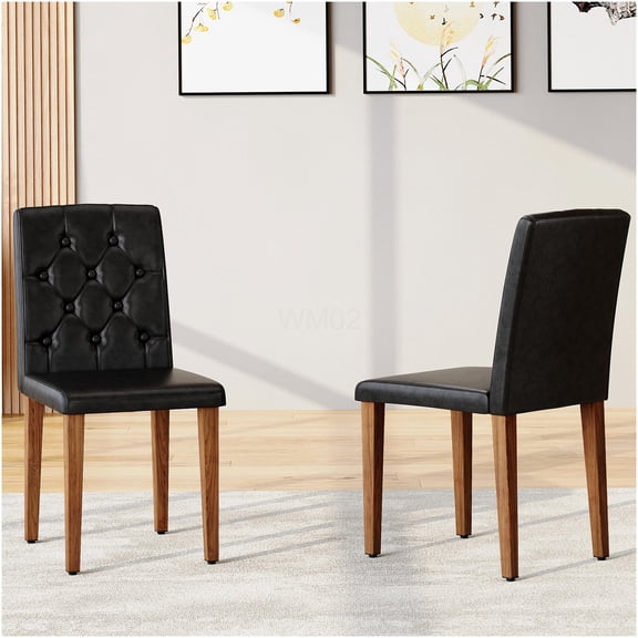 COSMOS Modern PU Leather Dining Chairs Set of 2, Black with Walnut Metal Legs, Ergonomic Button Tufted Back, Comfortable for Home Restaurant Cafe