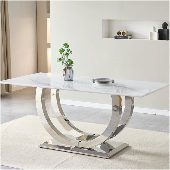 COSMOS Modern Rectangular Dining Table for 4-6 Seats, Marble Pattern Top, Silver Mirror Stainless Steel Legs, Contemporary Kitchen Dining Room Furniture